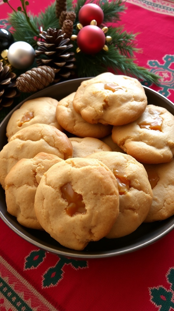 A plate of chewy caramel cookies decorated for Christmas, with caramel pieces and a festive background.